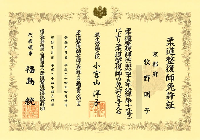 柔道整復師免許証