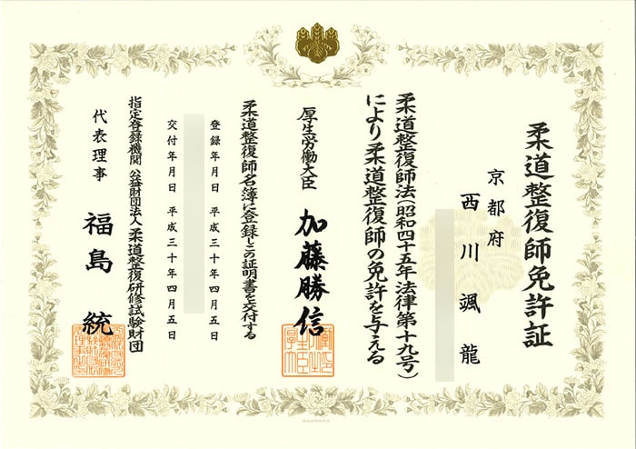 柔道整復師免許証